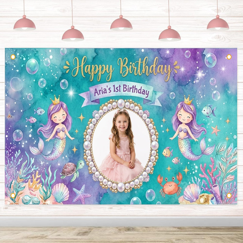 Custom Photo Birthday Banner, Personalized Picture Frame Sign, Blue Purple Ocean Mermaid Happy Birthday Backdrop, Large 71"x43"