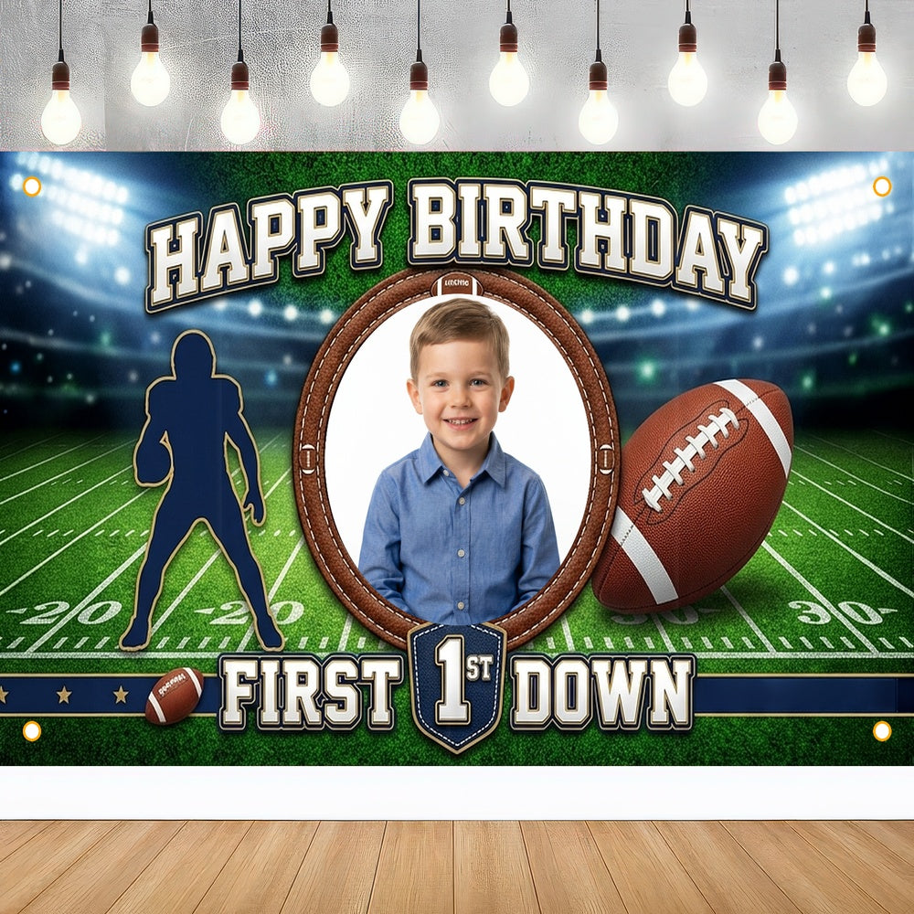 Custom Photo Birthday Banner, Personalized Picture Frame Sign, Green Field First Down Football Happy Birthday Backdrop, Large 71"x43"