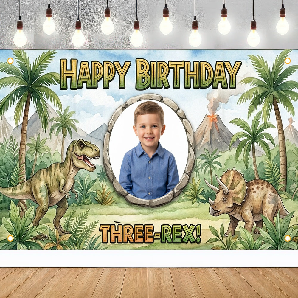 Custom Photo Birthday Banner, Personalized Picture Frame Sign, Green Jungle Dinosaur Three Rex 3rd Happy Birthday Backdrop, Large 71"x43"