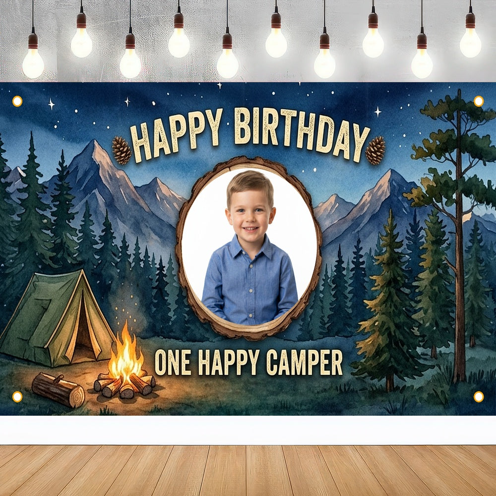 Custom Photo Birthday Banner, Personalized Picture Frame Sign, Starry Night Forest Camping Happy Birthday Backdrop, Large 71"x43"