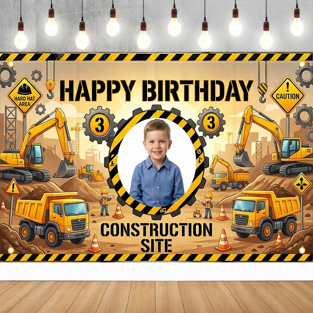 Custom Photo Birthday Banner, Personalized Picture Frame Sign, Yellow & Black Construction Truck Happy Birthday Backdrop, Large 71"x43"