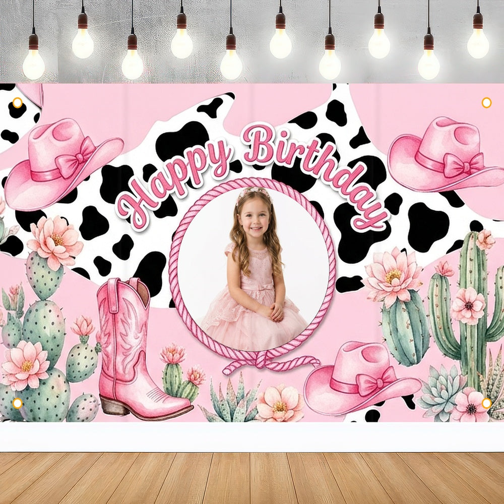 Custom Photo Birthday Banner, Personalized Picture Frame Sign, Pink Western Cowgirl Happy Birthday Backdrop, Large 71"x43"