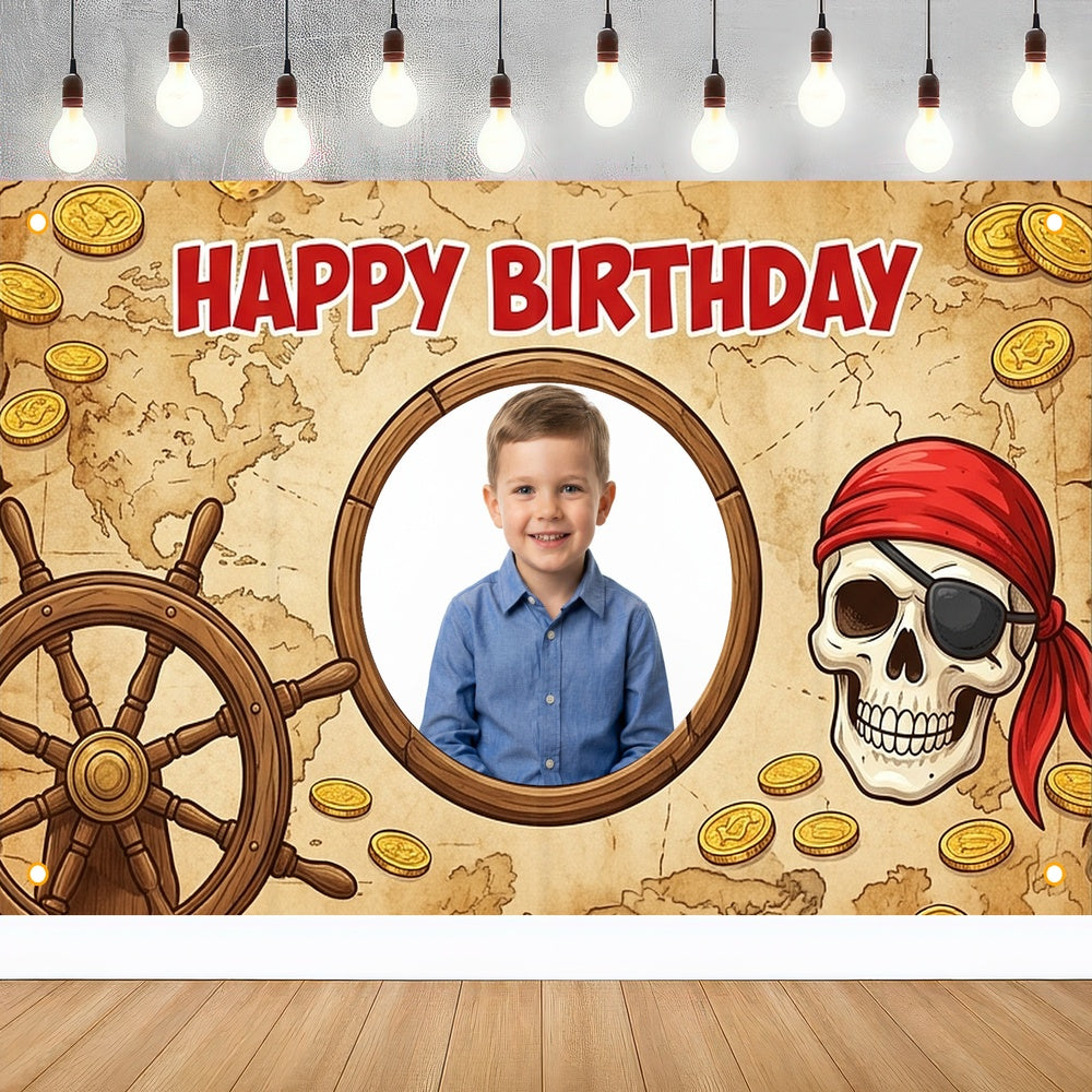 Custom Photo Birthday Banner, Personalized Picture Frame Sign, Vintage Treasure Map Pirate Happy Birthday Backdrop, Large 71"x43"
