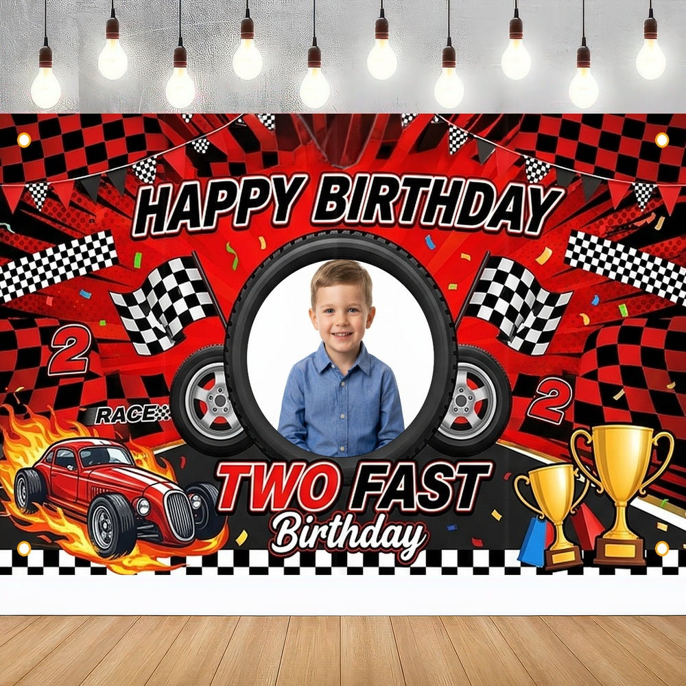 Custom Photo Birthday Banner, Personalized Picture Frame Sign, Red & Black Two Fast Racing Car Happy Birthday Backdrop, Large 71"x43"
