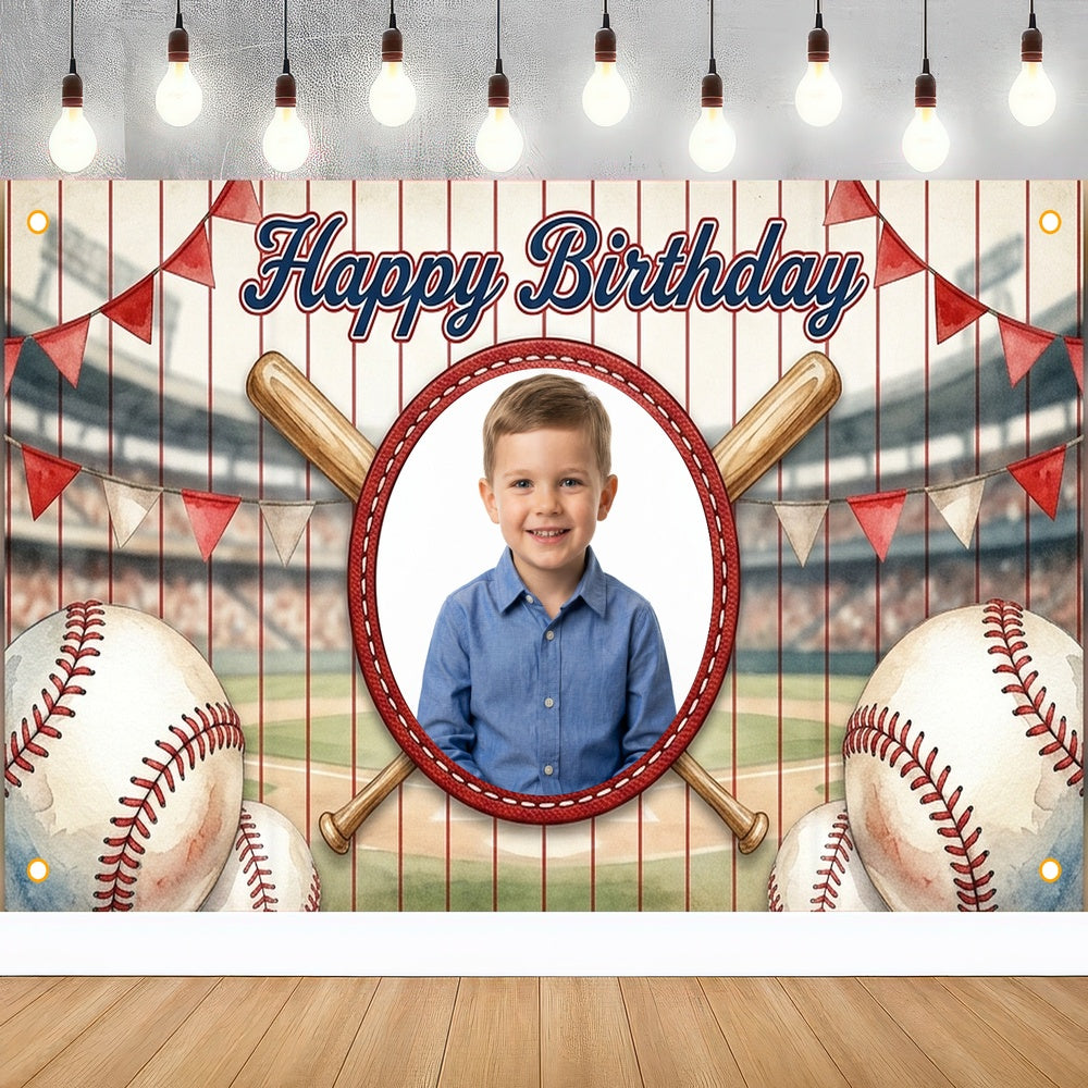 Custom Photo Birthday Banner, Personalized Picture Frame Sign, Red White & Blue Baseball Happy Birthday Backdrop, Large 71"x43"