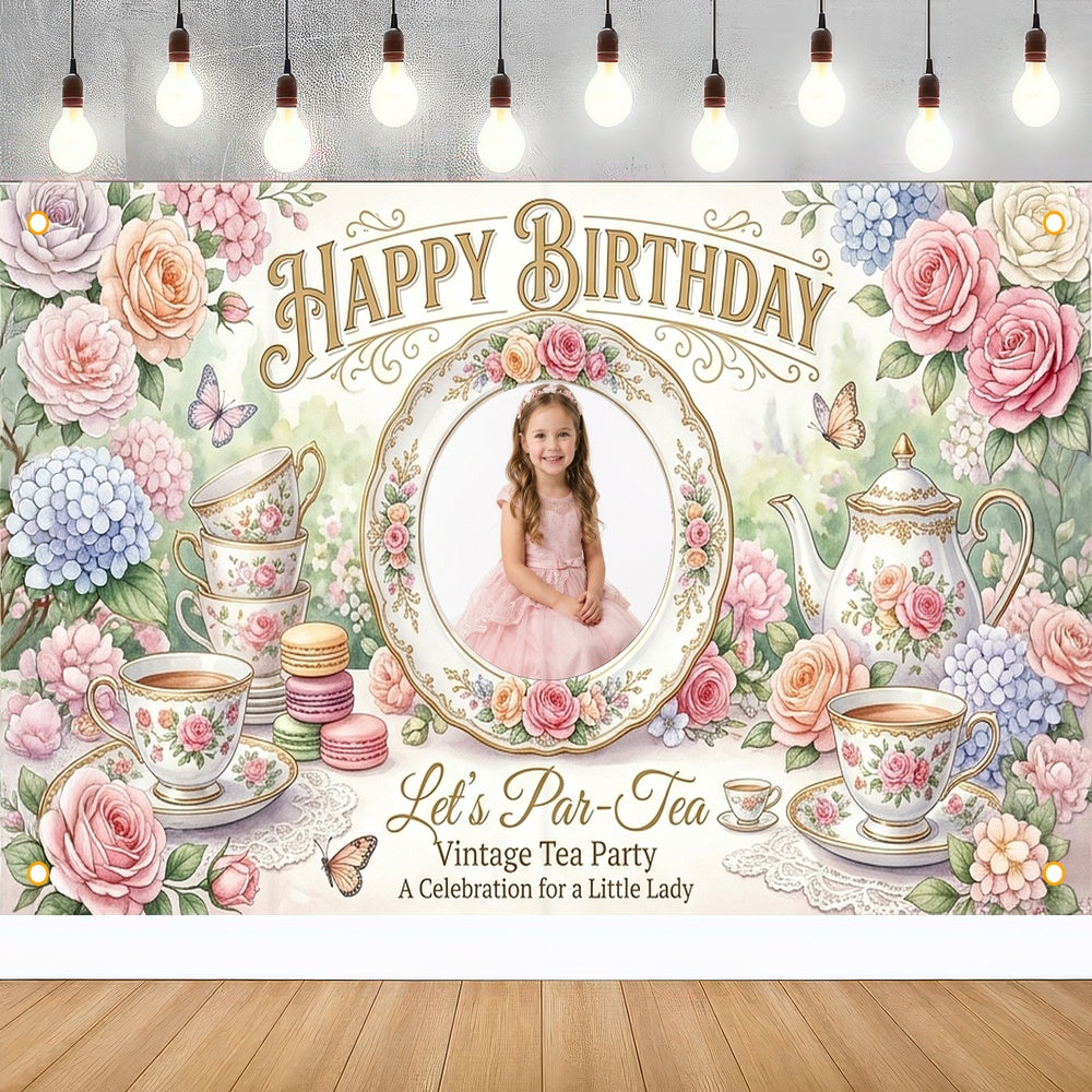 Custom Photo Birthday Banner, Personalized Picture Frame Sign, Vintage Floral Tea Party Happy Birthday Backdrop, Large 71"x43"