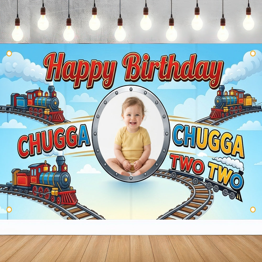 Custom Photo Birthday Banner, Personalized Picture Frame Sign, Blue Chugga Chugga Two Two Train Happy Birthday Backdrop, Large 71"x43"
