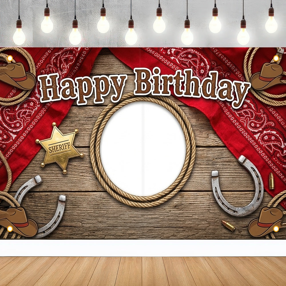 Custom Photo Birthday Banner, Personalized Picture Frame Sign, Vintage Rustic Wood Western Cowboy Happy Birthday Backdrop, Large 71"x43"
