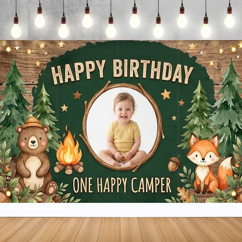 Custom Photo Birthday Banner, Personalized Picture Frame Sign, Forest One Happy Camper 1st Happy Birthday Backdrop, Large 71"x43"
