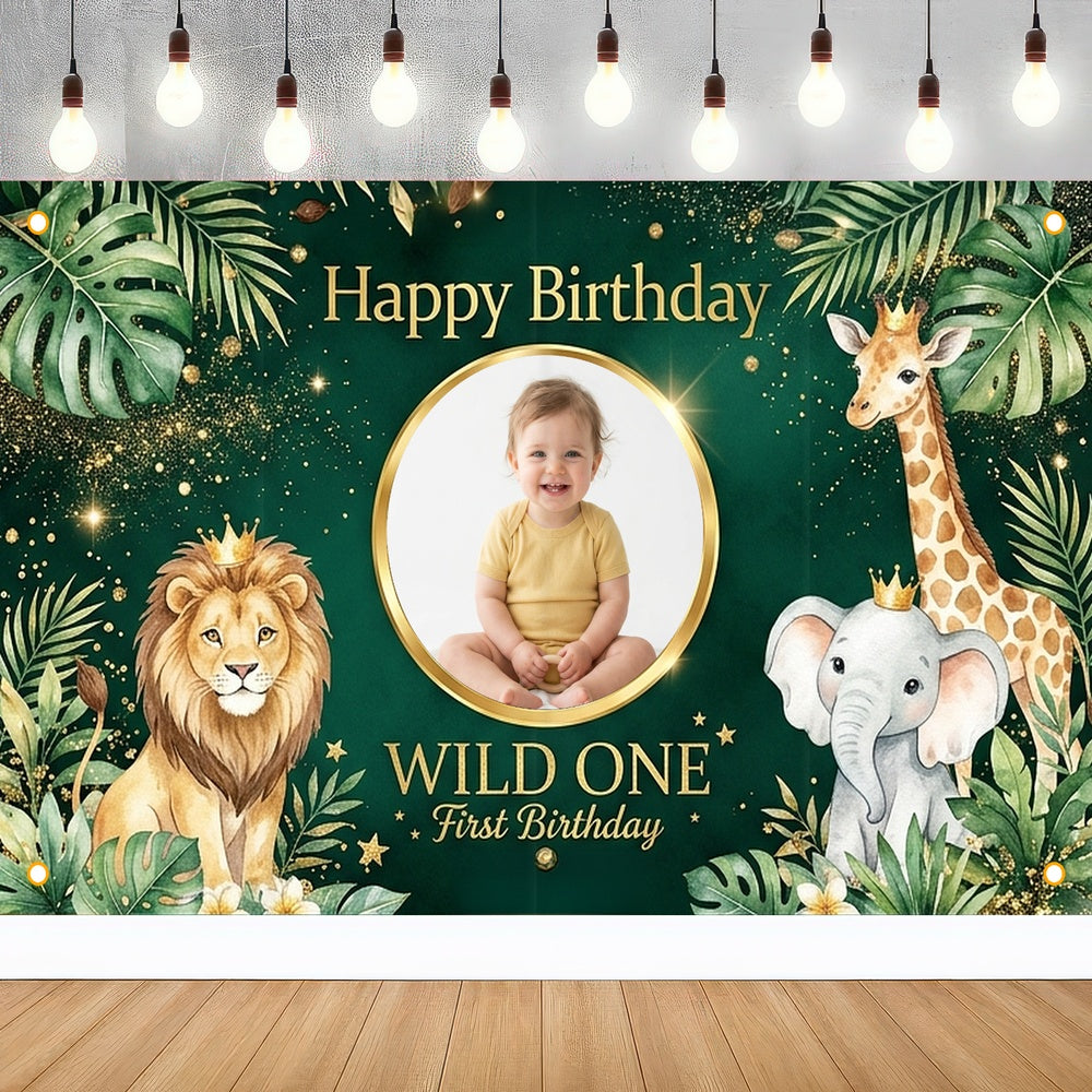 Custom Photo Birthday Banner, Personalized Picture Frame Sign, Green Jungle Safari Wild One 1st Happy Birthday Backdrop, Large 71"x43"