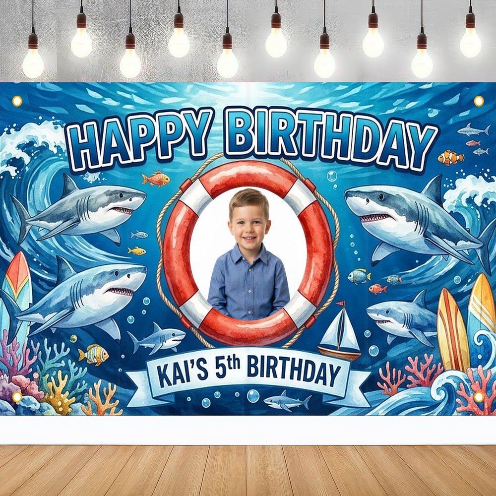 Custom Photo Birthday Banner, Personalized Picture Frame Sign, Blue Ocean Shark Happy Birthday Backdrop, Large 71"x43"