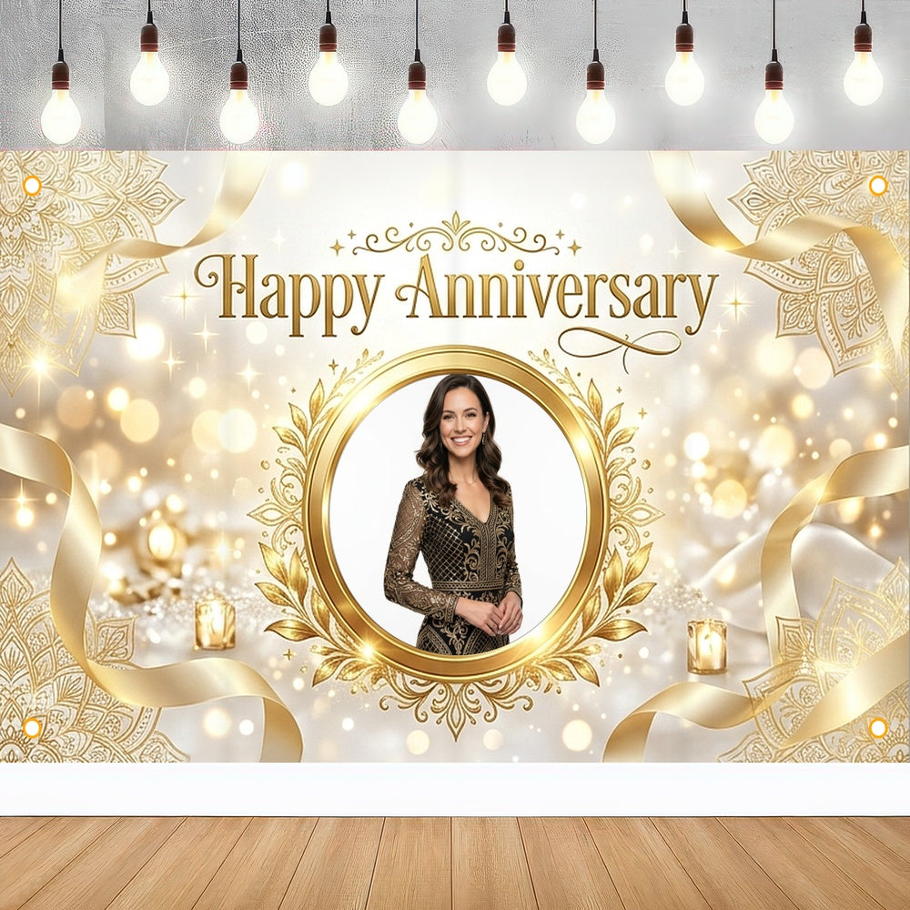 Custom Photo Anniversary Banner, Personalized Picture Frame Sign, Elegant White & Gold Happy Anniversary Backdrop, Large 71"x43"