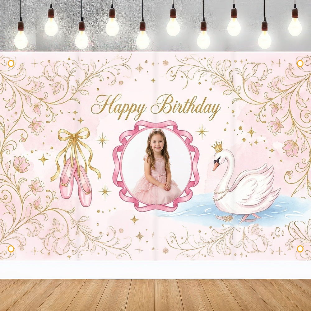 Custom Photo Birthday Banner, Personalized Picture Frame Sign, Elegant Pink Swan Princess Birthday Backdrop, Large 71"x43"