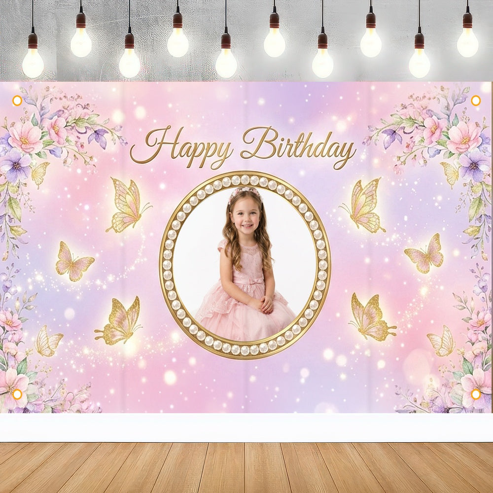 Custom Photo Birthday Banner, Personalized Picture Frame Sign, Pink Purple Butterfly Floral Happy Birthday Backdrop, Large 71"x43"