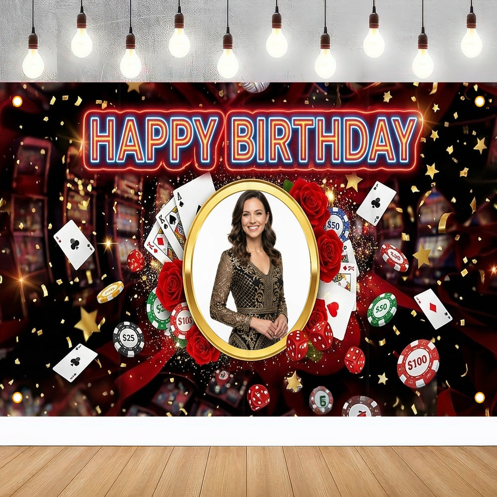 Custom Photo Birthday Banner, Personalized Picture Frame Sign, Red & Black Casino Poker Happy Birthday Backdrop, Large 71"x43"