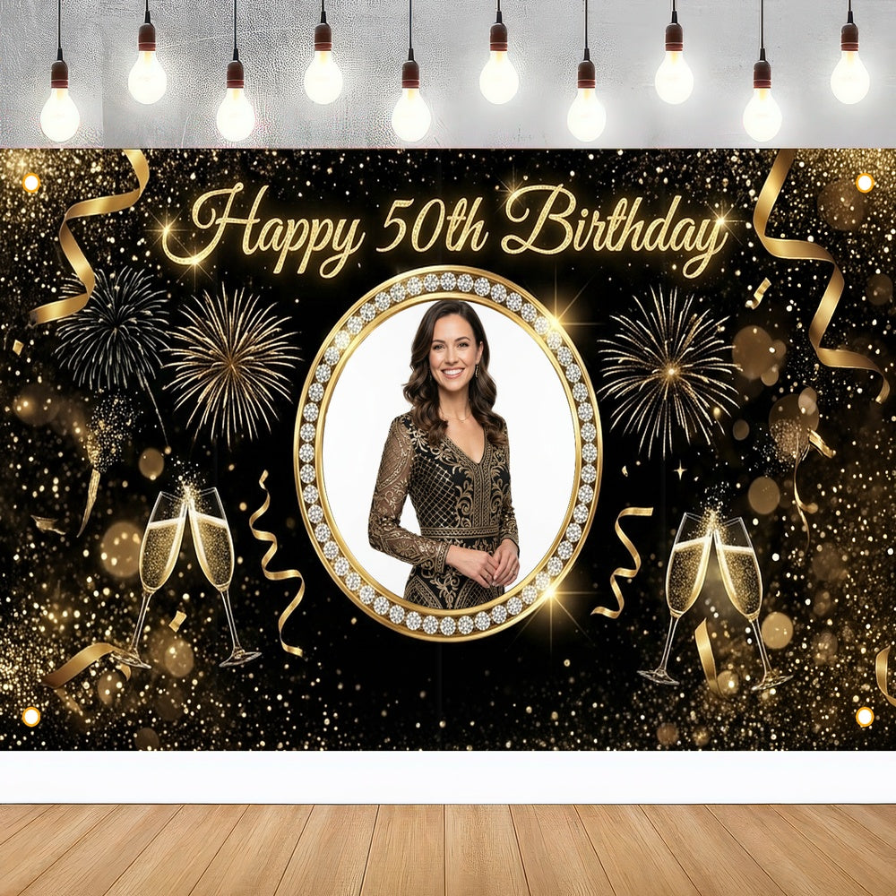 Custom Photo Birthday Banner, Personalized Picture Frame Sign, Elegant Black & Gold 50th Happy Birthday Backdrop, Large 71"x43"
