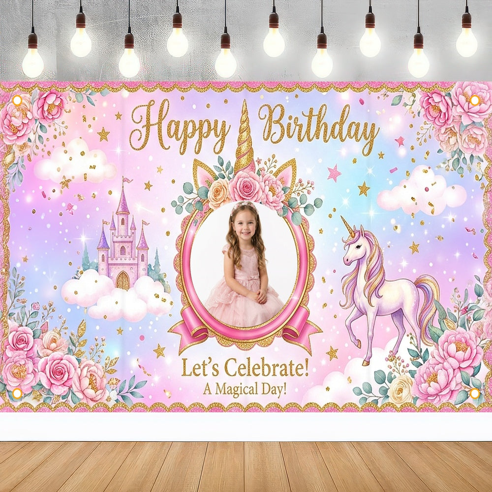 Custom Photo Birthday Banner, Personalized Picture Frame Sign, Magical Pink Rainbow Unicorn Happy Birthday Backdrop, Large 71"x43"