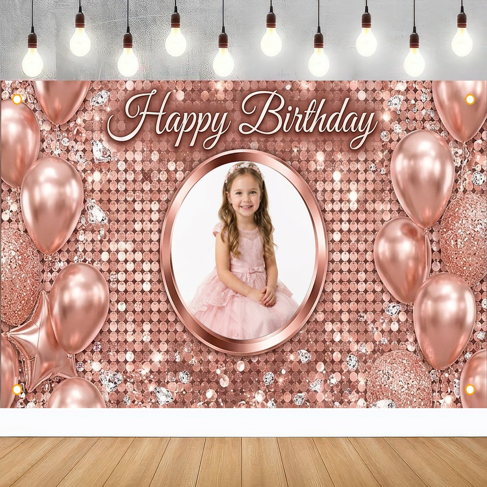 Custom Photo Birthday Banner, Personalized Picture Frame Sign, Rose Gold Balloons Glitter Happy Birthday Backdrop, Large 71"x43"