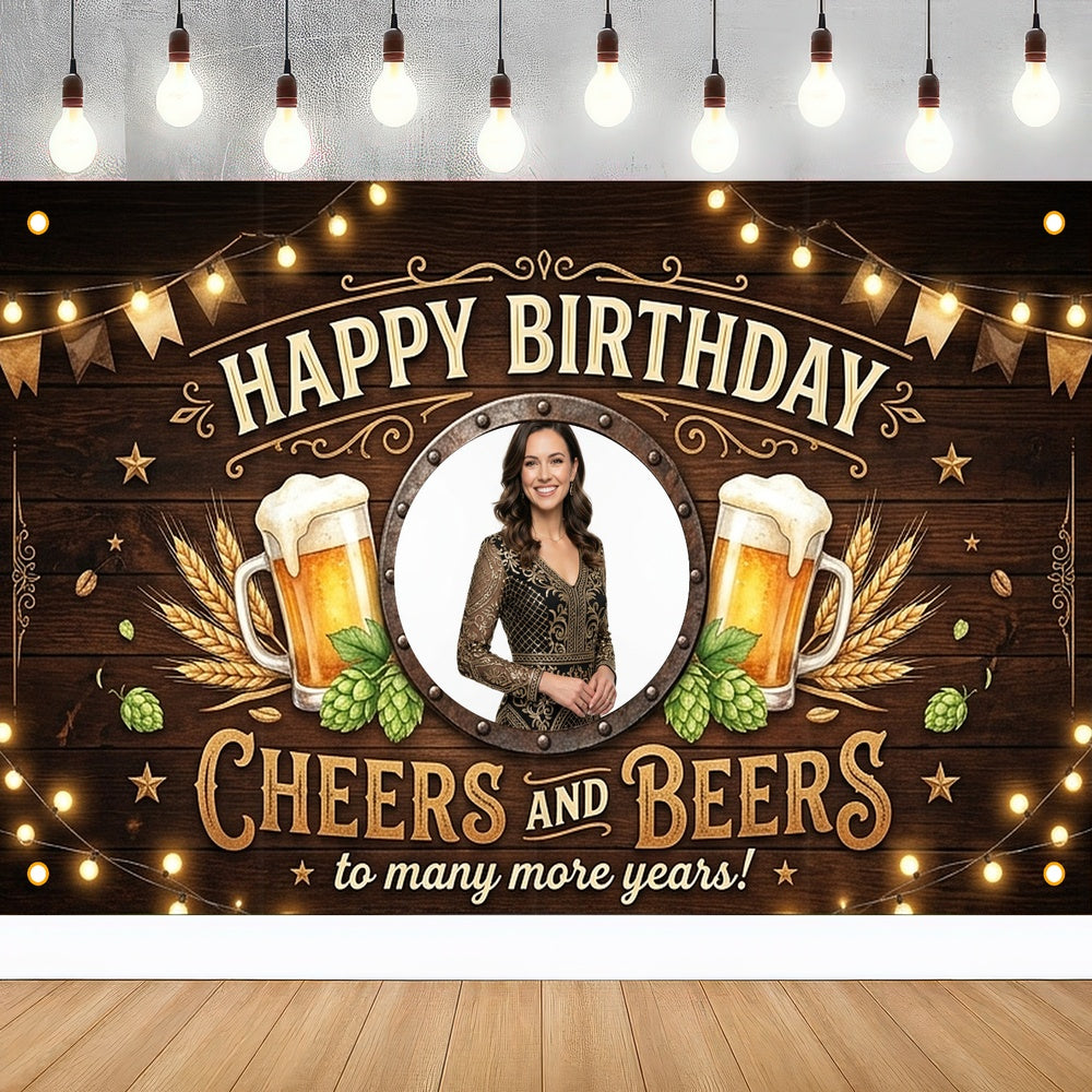 Custom Photo Birthday Banner, Personalized Picture Frame Sign, Black & Gold Cheers and Beers Happy Birthday Backdrop, Large 71"x43"