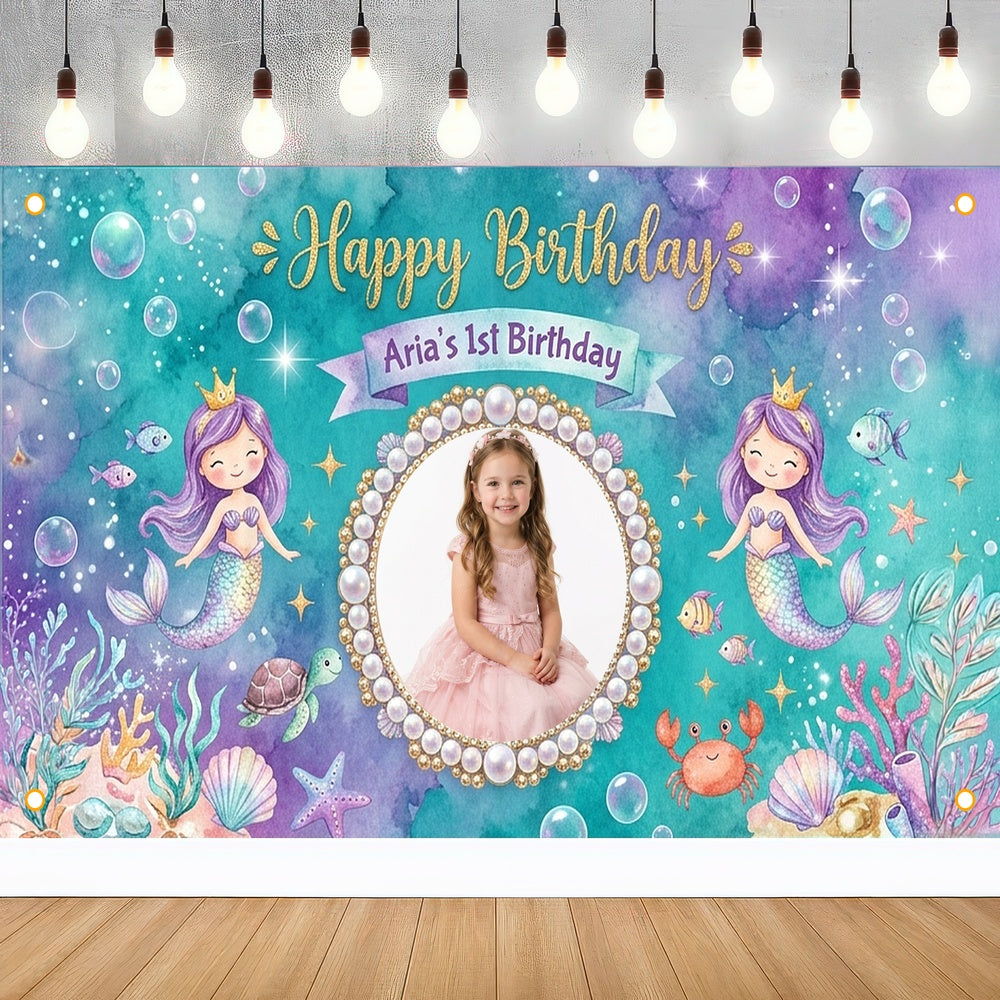 Custom Photo Birthday Banner, Personalized Picture Frame Sign, Blue Purple Ocean Mermaid Happy Birthday Backdrop, Large 71"x43"