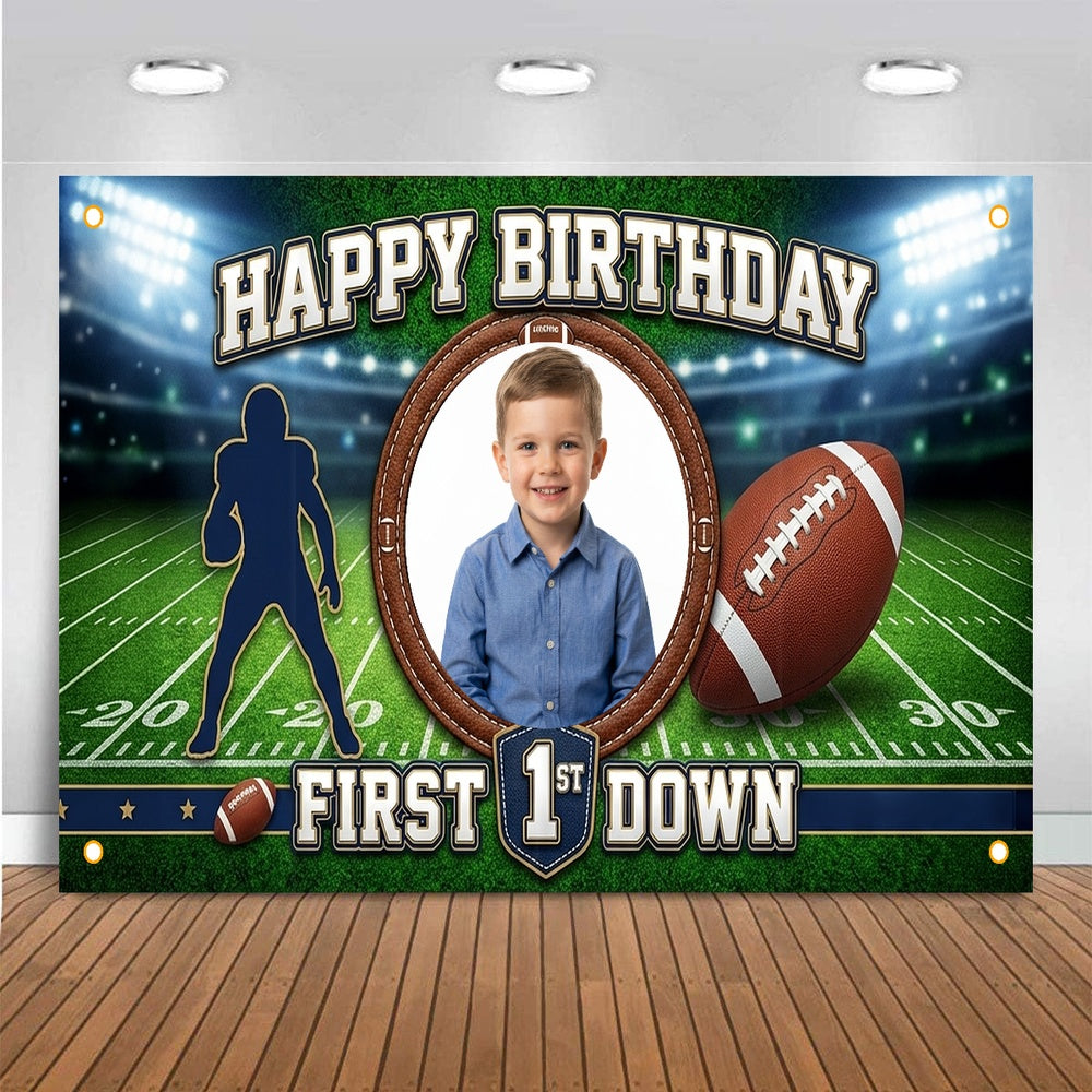 Custom Photo Birthday Banner, Personalized Picture Frame Sign, Green Field First Down Football Happy Birthday Backdrop, Large 71"x43"