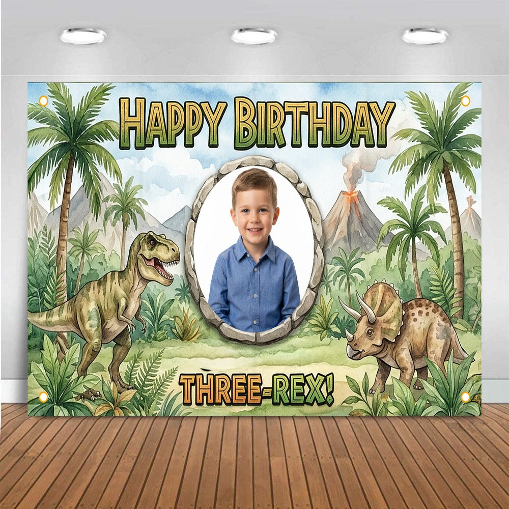 Custom Photo Birthday Banner, Personalized Picture Frame Sign, Green Jungle Dinosaur Three Rex 3rd Happy Birthday Backdrop, Large 71"x43"