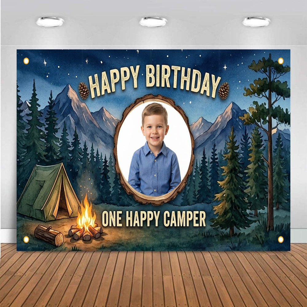 Custom Photo Birthday Banner, Personalized Picture Frame Sign, Starry Night Forest Camping Happy Birthday Backdrop, Large 71"x43"