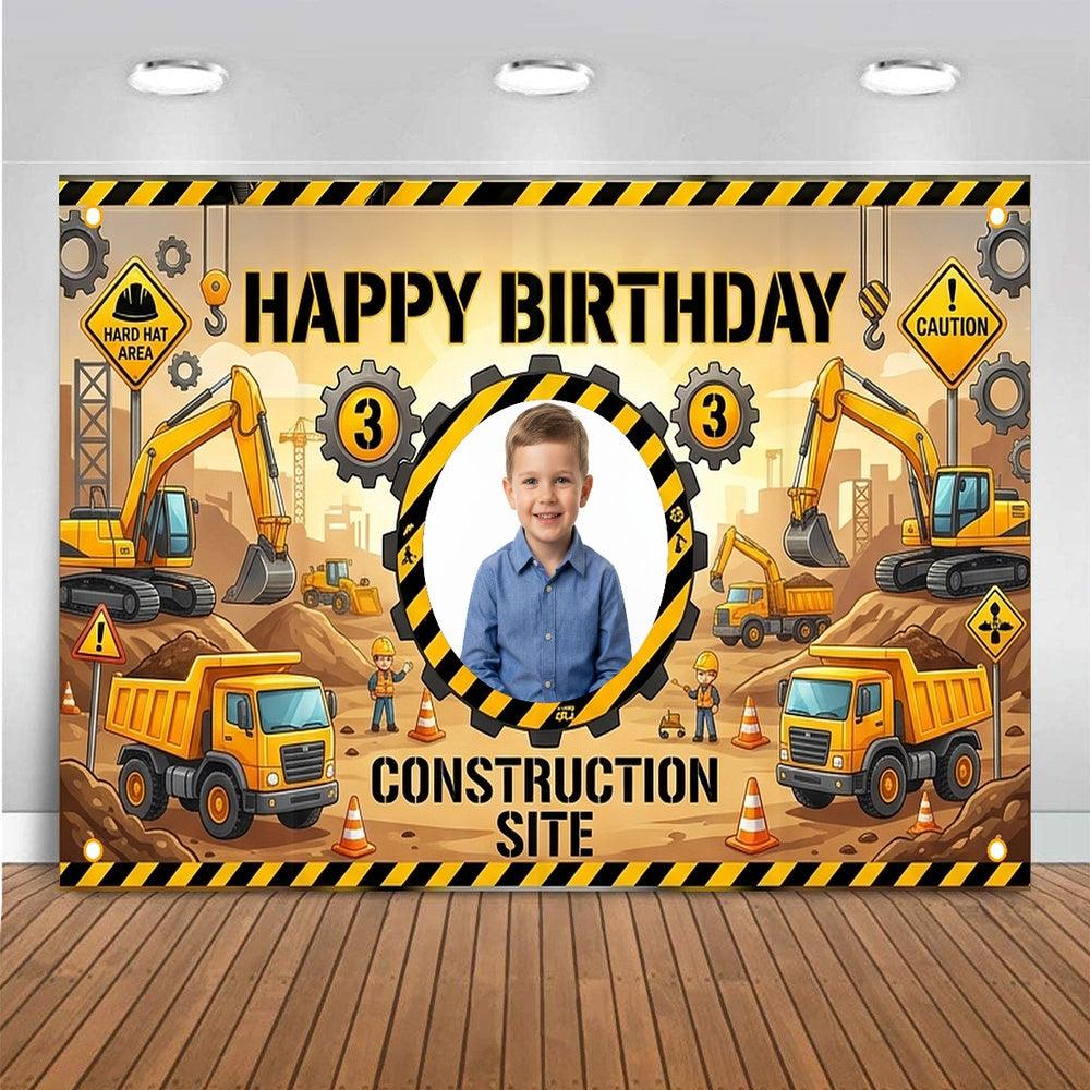 Custom Photo Birthday Banner, Personalized Picture Frame Sign, Yellow & Black Construction Truck Happy Birthday Backdrop, Large 71"x43"