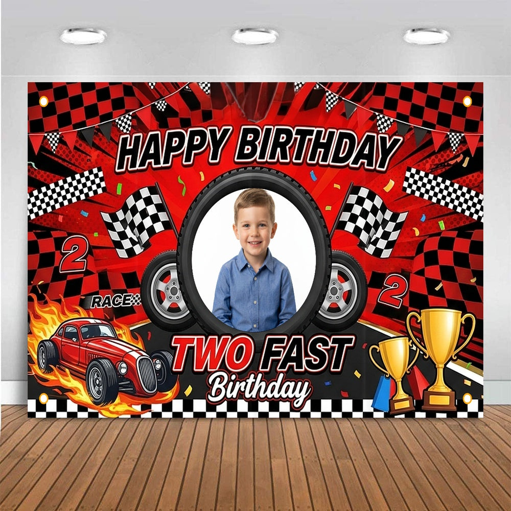 Custom Photo Birthday Banner, Personalized Picture Frame Sign, Red & Black Two Fast Racing Car Happy Birthday Backdrop, Large 71"x43"