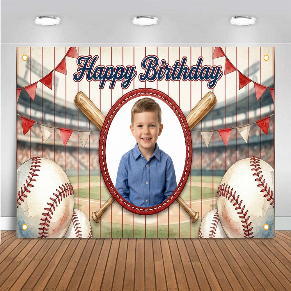 Custom Photo Birthday Banner, Personalized Picture Frame Sign, Red White & Blue Baseball Happy Birthday Backdrop, Large 71"x43"