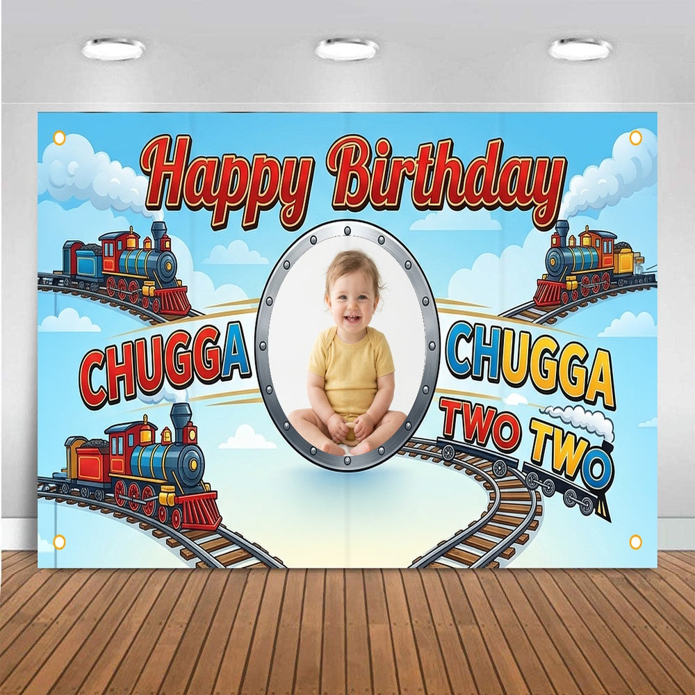 Custom Photo Birthday Banner, Personalized Picture Frame Sign, Blue Chugga Chugga Two Two Train Happy Birthday Backdrop, Large 71"x43"