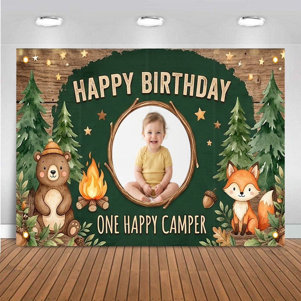 Custom Photo Birthday Banner, Personalized Picture Frame Sign, Forest One Happy Camper 1st Happy Birthday Backdrop, Large 71"x43"
