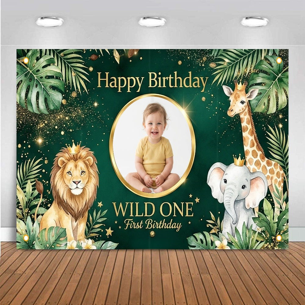 Custom Photo Birthday Banner, Personalized Picture Frame Sign, Green Jungle Safari Wild One 1st Happy Birthday Backdrop, Large 71"x43"
