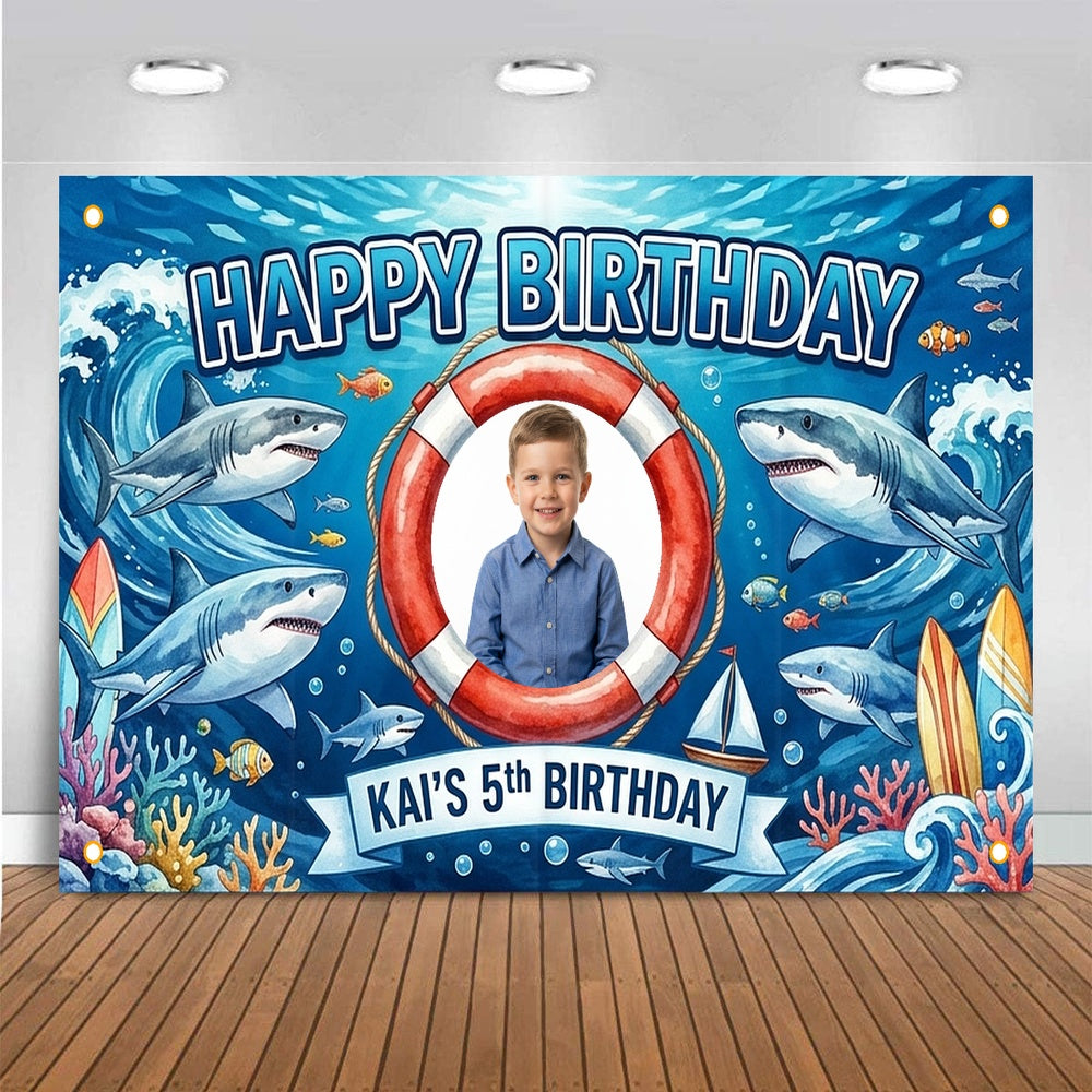 Custom Photo Birthday Banner, Personalized Picture Frame Sign, Blue Ocean Shark Happy Birthday Backdrop, Large 71"x43"