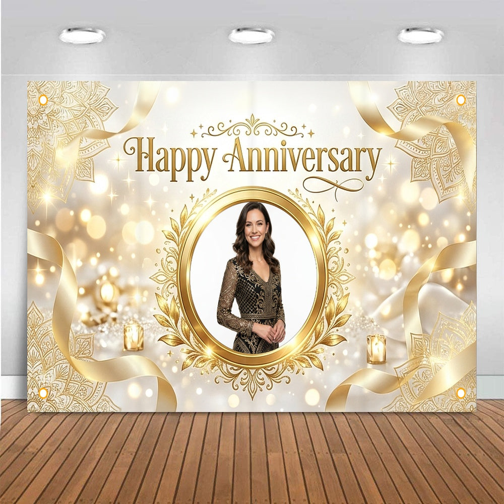 Custom Photo Anniversary Banner, Personalized Picture Frame Sign, Elegant White & Gold Happy Anniversary Backdrop, Large 71"x43"