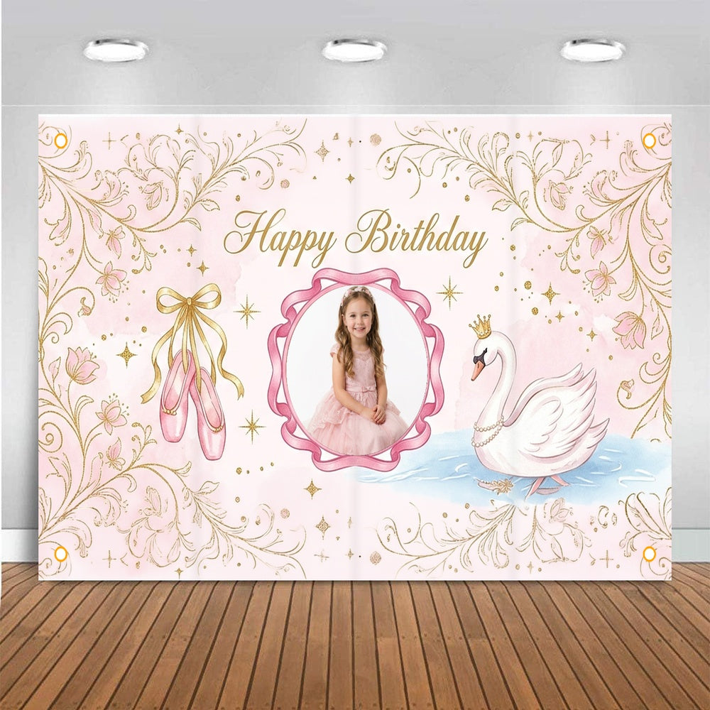 Custom Photo Birthday Banner, Personalized Picture Frame Sign, Elegant Pink Swan Princess Birthday Backdrop, Large 71"x43"