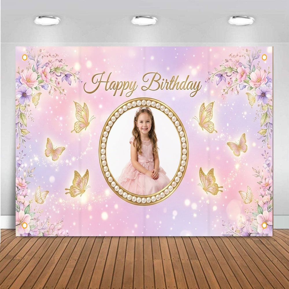 Custom Photo Birthday Banner, Personalized Picture Frame Sign, Pink Purple Butterfly Floral Happy Birthday Backdrop, Large 71"x43"