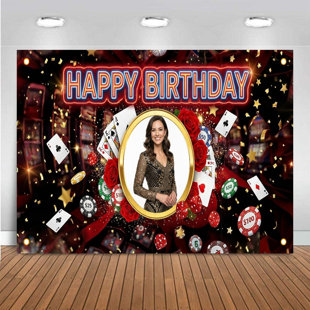 Custom Photo Birthday Banner, Personalized Picture Frame Sign, Red & Black Casino Poker Happy Birthday Backdrop, Large 71"x43"