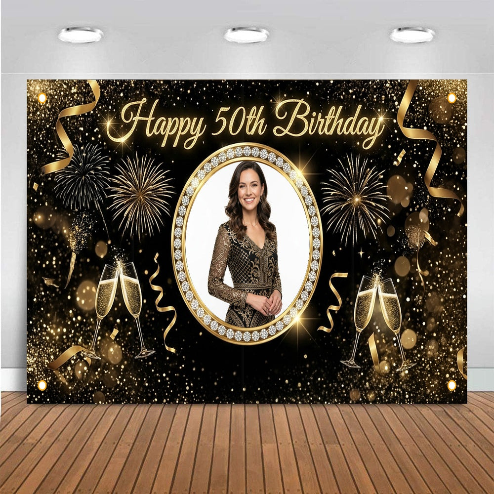 Custom Photo Birthday Banner, Personalized Picture Frame Sign, Elegant Black & Gold 50th Happy Birthday Backdrop, Large 71"x43"