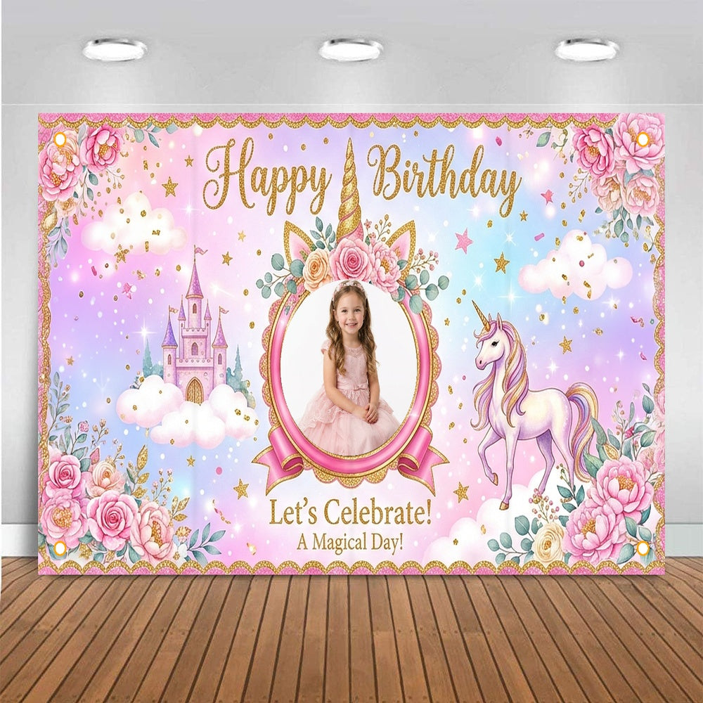 Custom Photo Birthday Banner, Personalized Picture Frame Sign, Magical Pink Rainbow Unicorn Happy Birthday Backdrop, Large 71"x43"