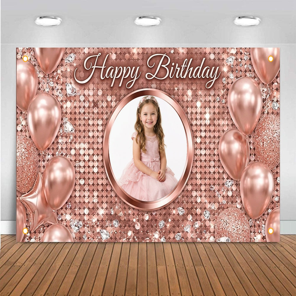 Custom Photo Birthday Banner, Personalized Picture Frame Sign, Rose Gold Balloons Glitter Happy Birthday Backdrop, Large 71"x43"