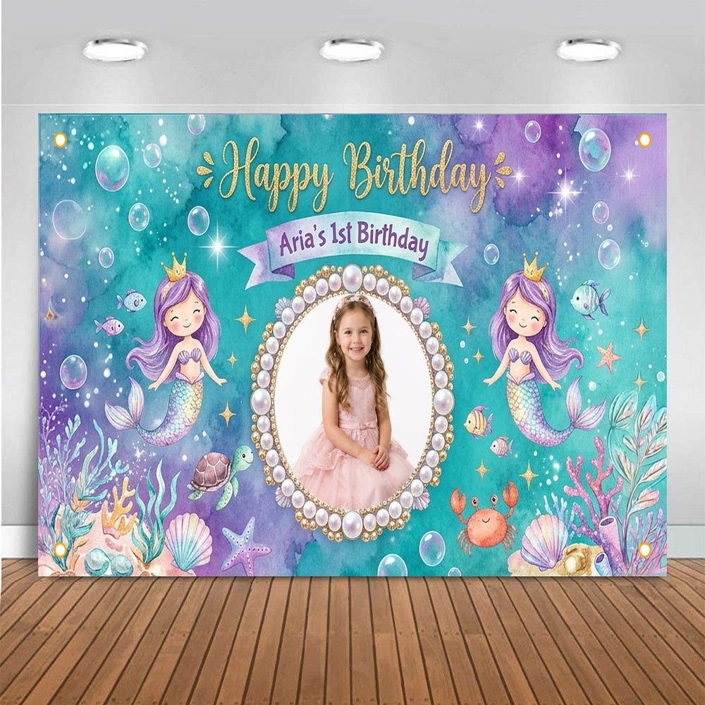 Custom Photo Birthday Banner, Personalized Picture Frame Sign, Blue Purple Ocean Mermaid Happy Birthday Backdrop, Large 71"x43"