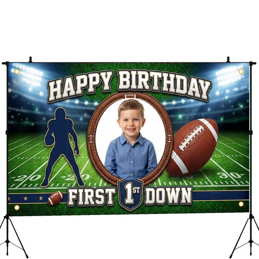 Custom Photo Birthday Banner, Personalized Picture Frame Sign, Green Field First Down Football Happy Birthday Backdrop, Large 71"x43"