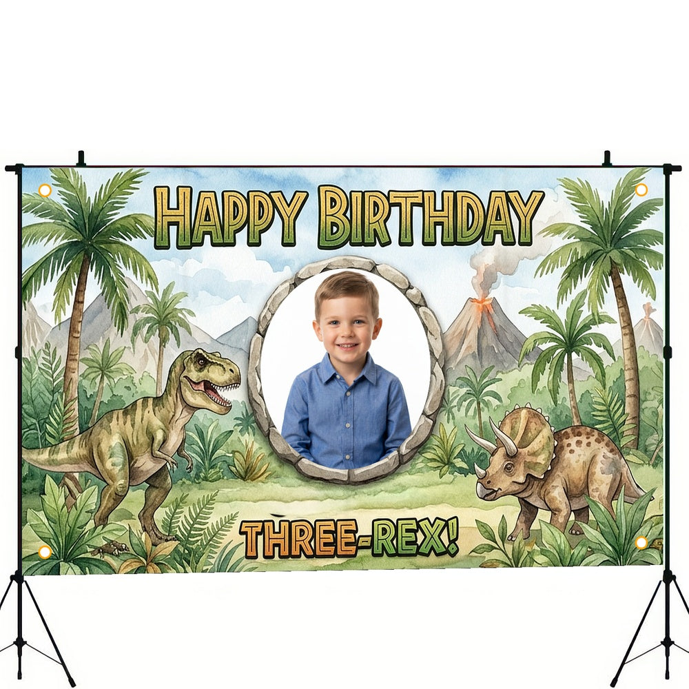Custom Photo Birthday Banner, Personalized Picture Frame Sign, Green Jungle Dinosaur Three Rex 3rd Happy Birthday Backdrop, Large 71"x43"