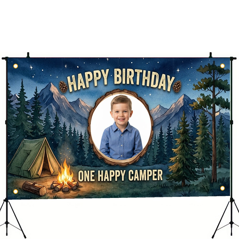 Custom Photo Birthday Banner, Personalized Picture Frame Sign, Starry Night Forest Camping Happy Birthday Backdrop, Large 71"x43"