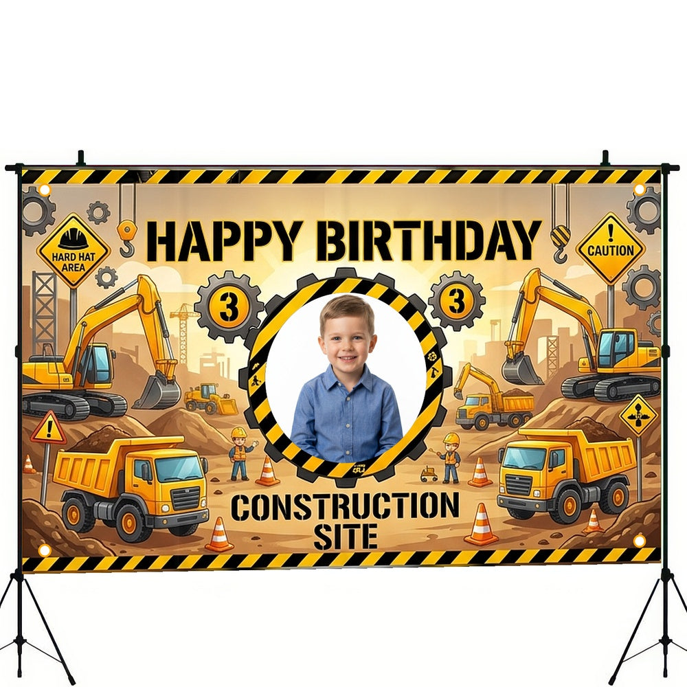Custom Photo Birthday Banner, Personalized Picture Frame Sign, Yellow & Black Construction Truck Happy Birthday Backdrop, Large 71"x43"