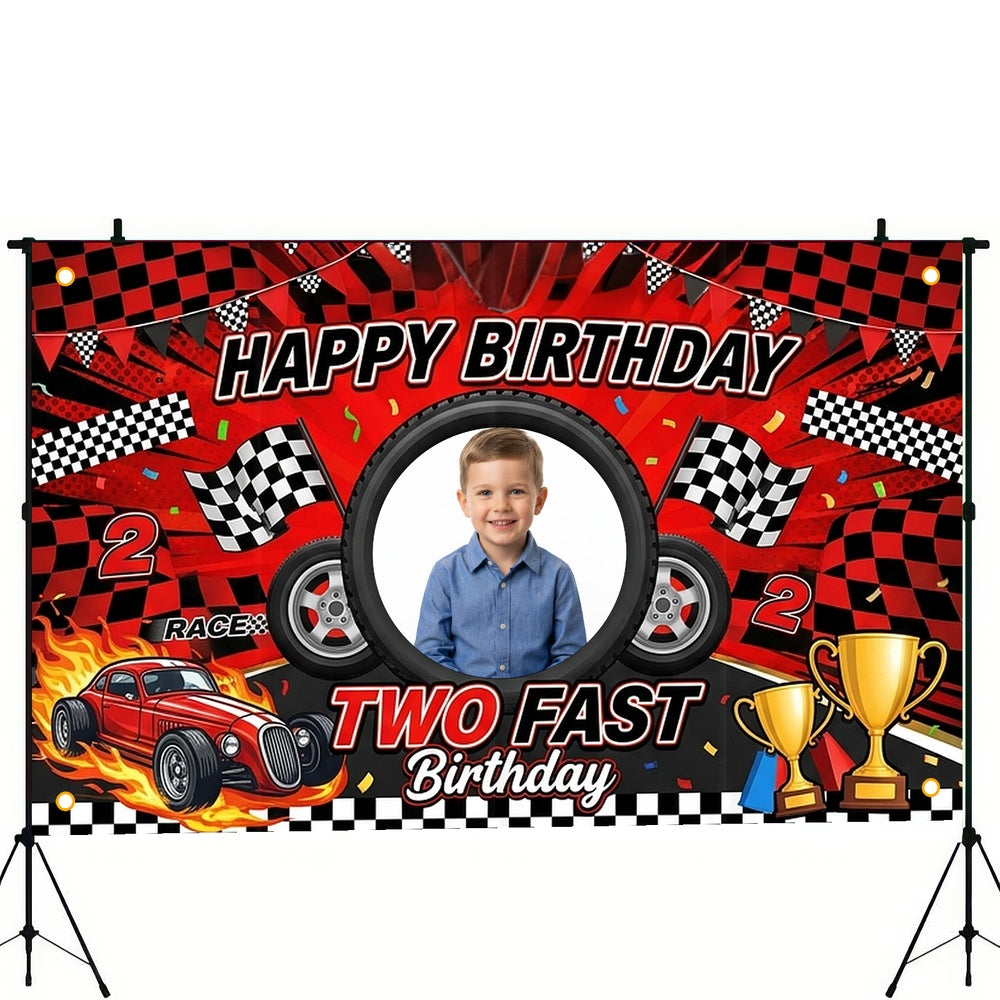 Custom Photo Birthday Banner, Personalized Picture Frame Sign, Red & Black Two Fast Racing Car Happy Birthday Backdrop, Large 71"x43"