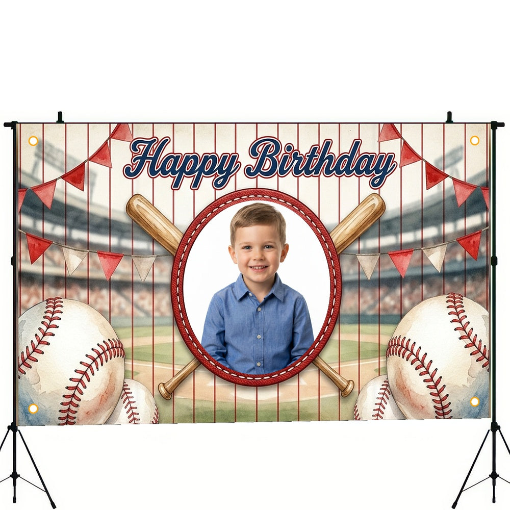 Custom Photo Birthday Banner, Personalized Picture Frame Sign, Red White & Blue Baseball Happy Birthday Backdrop, Large 71"x43"