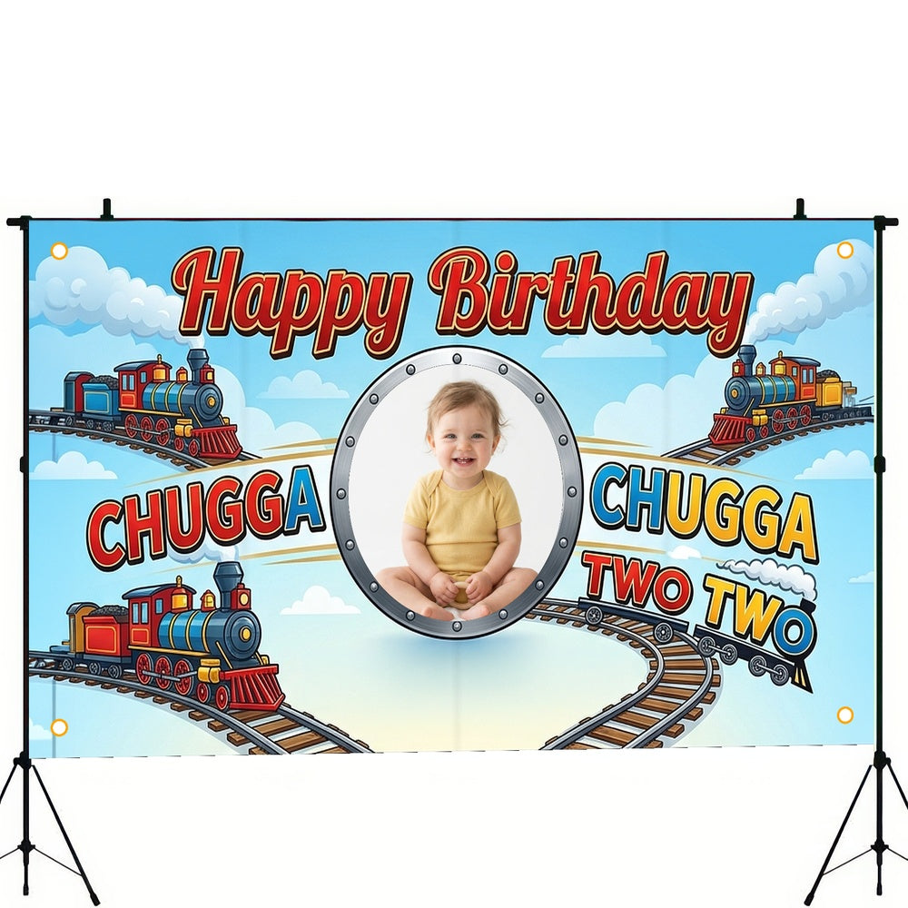 Custom Photo Birthday Banner, Personalized Picture Frame Sign, Blue Chugga Chugga Two Two Train Happy Birthday Backdrop, Large 71"x43"
