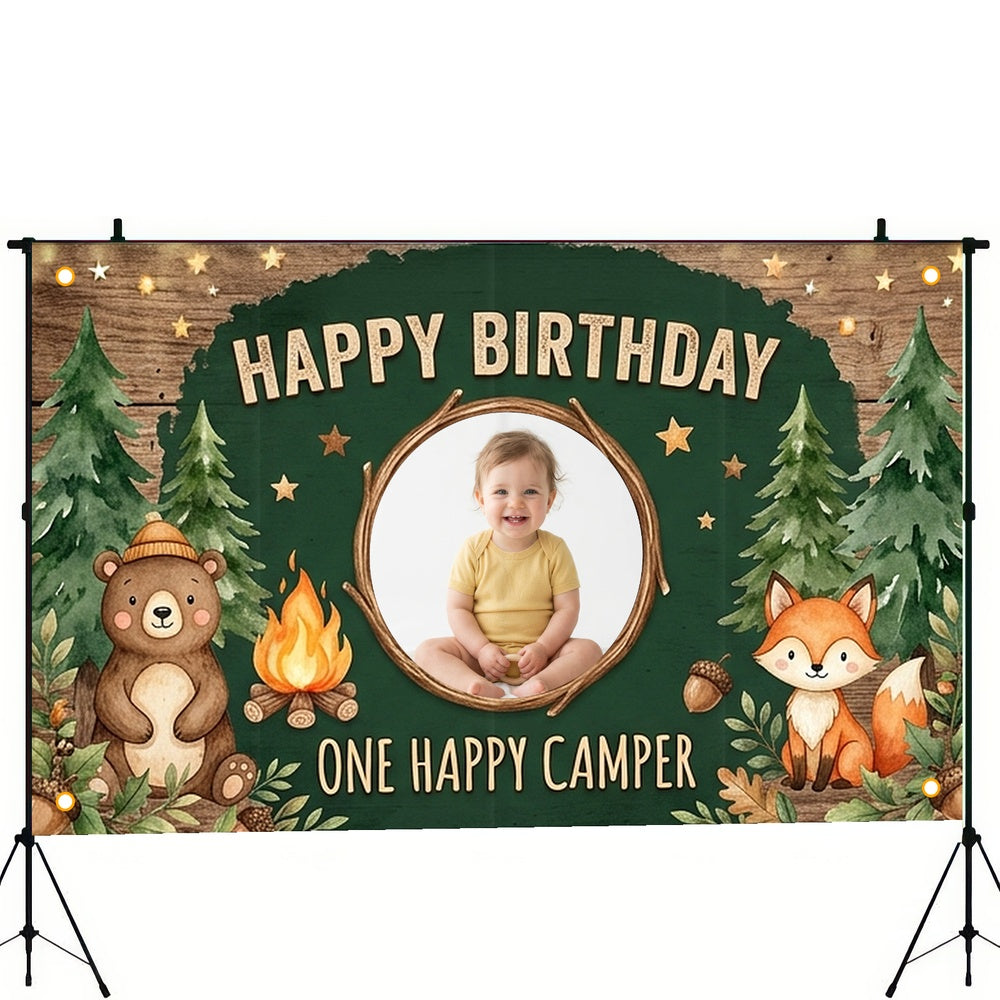 Custom Photo Birthday Banner, Personalized Picture Frame Sign, Forest One Happy Camper 1st Happy Birthday Backdrop, Large 71"x43"